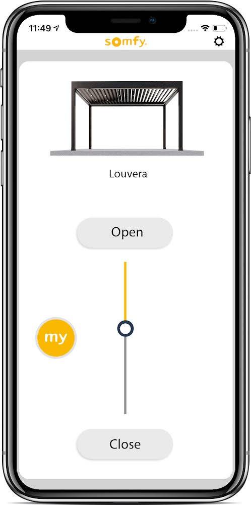 Smartphone running Somfy app with slider to open or close Pergomatic’s louvered pergola, illustrating simple remote control.
