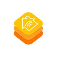 Stacked yellow-orange HomeKit icon with house and Wi-Fi waves, signaling Pergomatic pergola’s Apple smart-home integration.