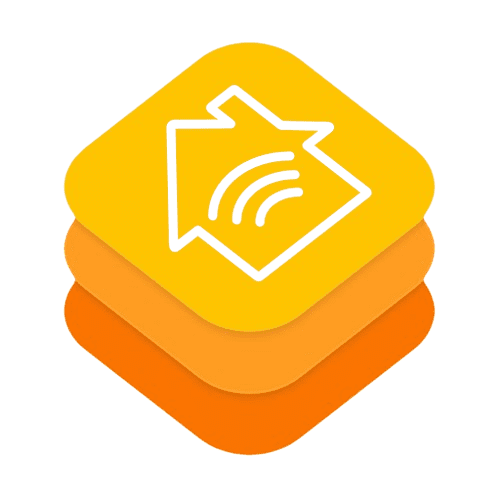 Layered yellow-orange Apple HomeKit icon with house Wi-Fi waves, highlighting Louvera pergola smart-home control.
