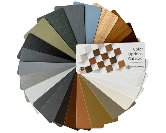Fan deck of Pergomatic powder-coat swatches, earthy greens to wood grain and whites, showing customizable pergola colors.