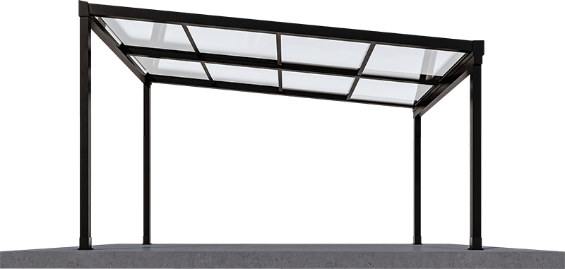Black aluminum pergola with sloped tempered-glass roof panels Pergomatic Glassroom for airy, weatherproof patio cover.