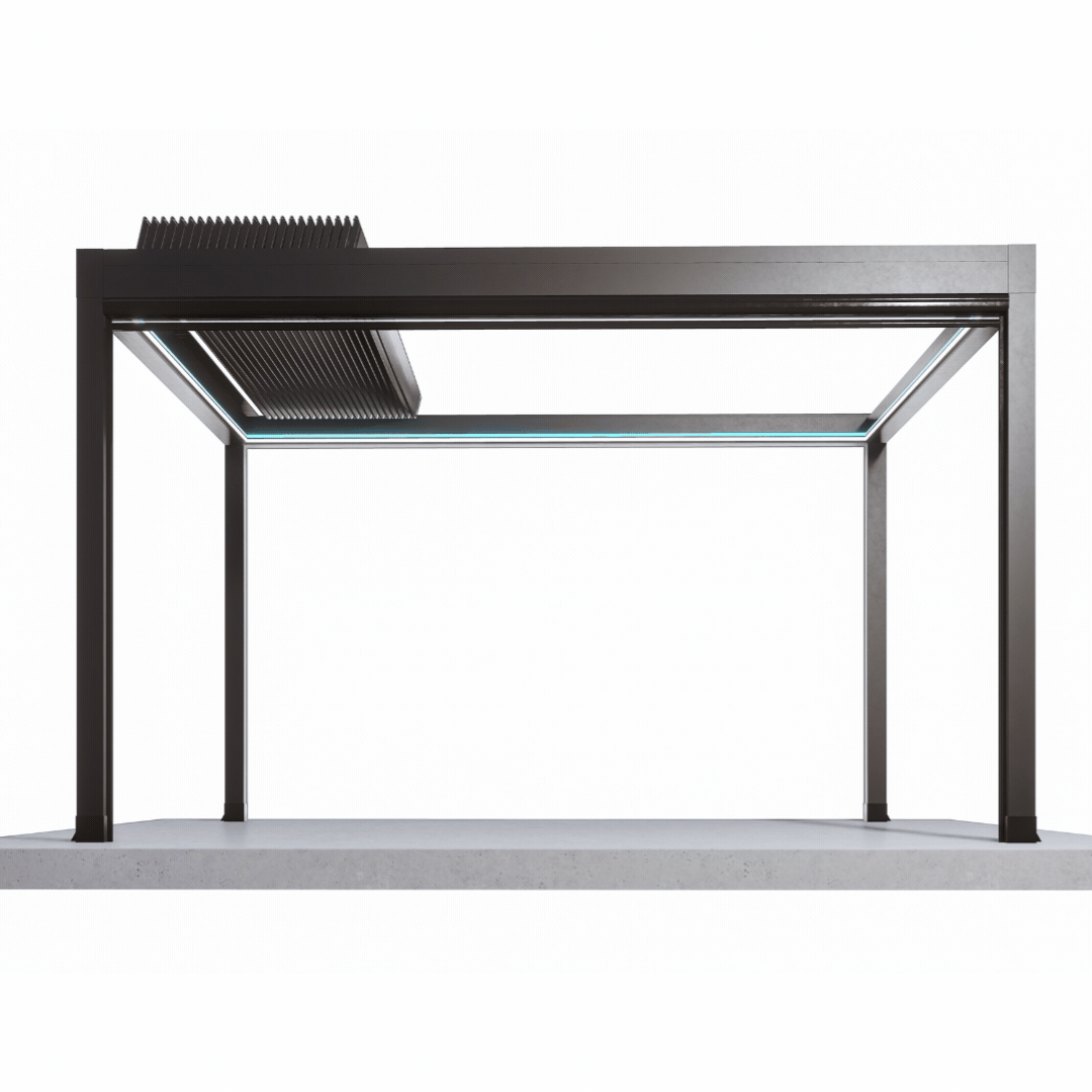 Motorized luxury pergola in Los Angeles black aluminum frame with louvers stacked open and perimeter LED strip.