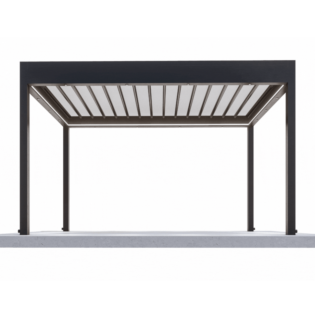 Pergoflat pergola with flat black aluminum frame, retractable PVC roof neatly stacked under slim cross-rails.
