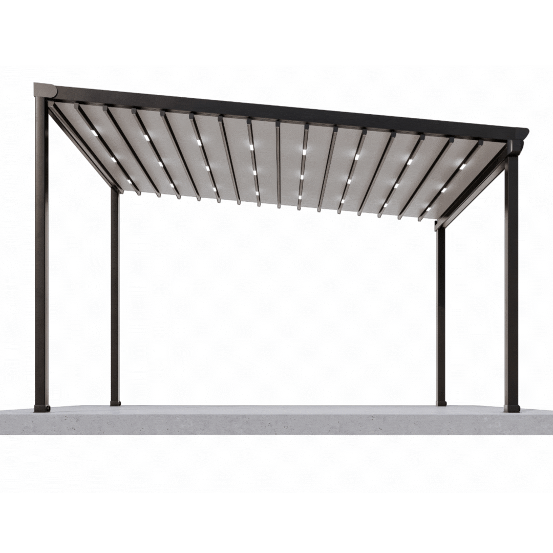 Sloped aluminum-frame pergola with retractable PVC roof panels and embedded LED strip lights for all-weather patios.