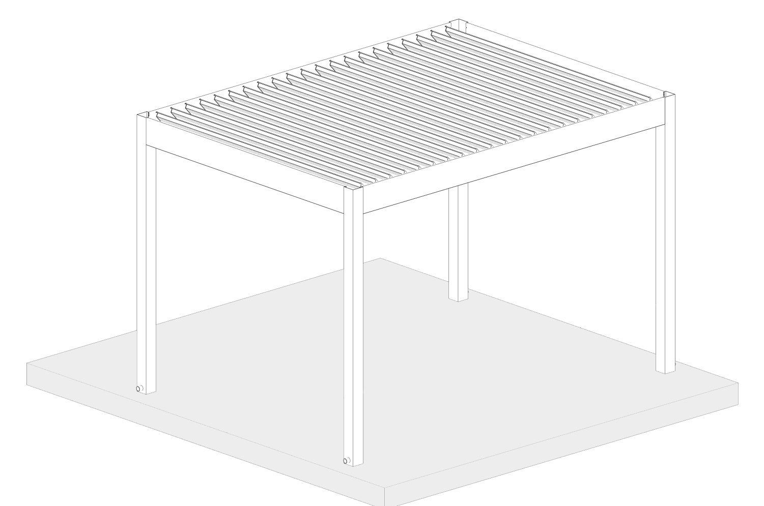 Freestanding Louvera pergola diagram with four posts and tiltable blade roof, ideal for open-air patios.