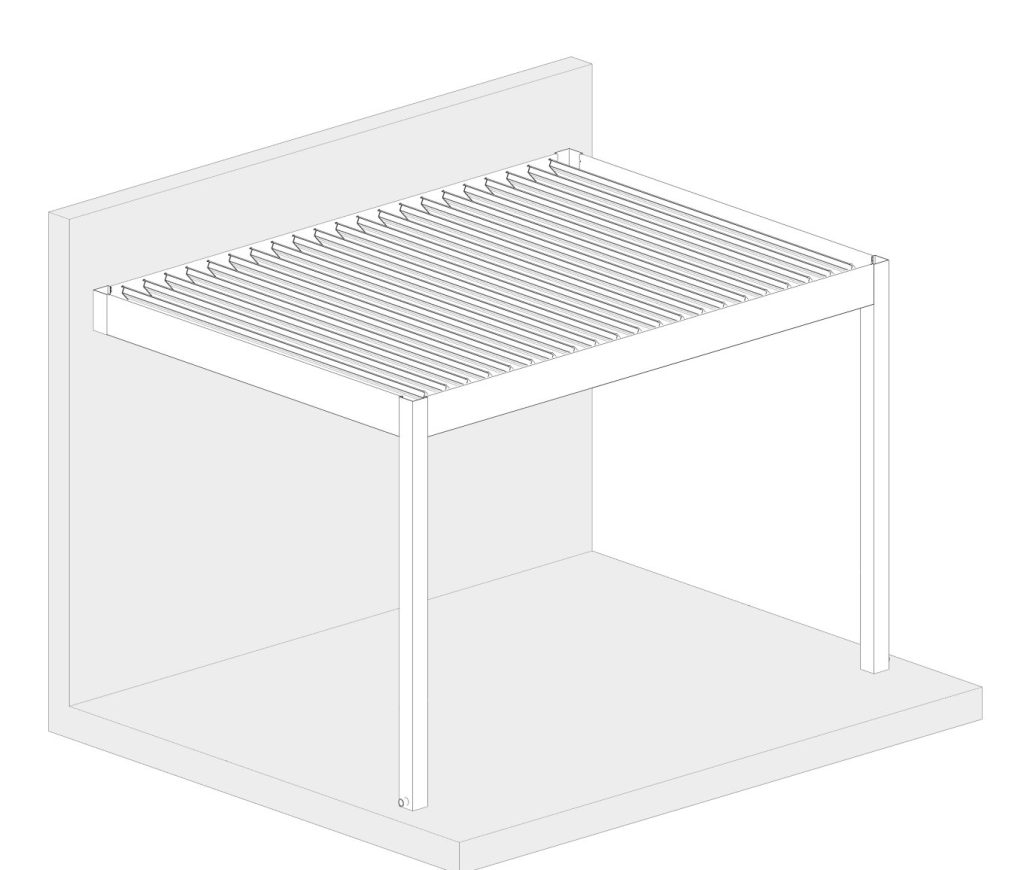 Wall-mounted Louvera pergola with two front posts and tiltable blades, illustrating attachment option for patios.