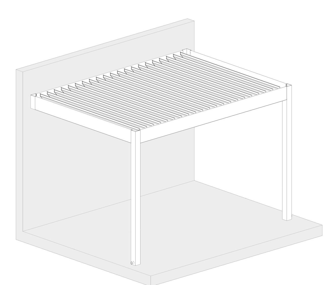 Wall-mounted Louvera pergola with two front posts and tiltable blades, illustrating attachment option for patios.