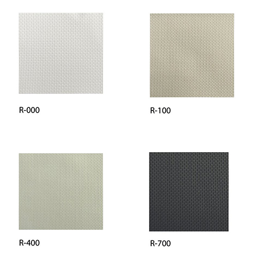 Pergoblind fabric palette R-000 white, R-100 sand, R-400 sage, R-700 charcoal showing color choices for motorized blinds.