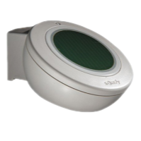 Compact silver Somfy rain sensor with dark solar panel triggers Louvera pergola to close louvers at first rainfall.