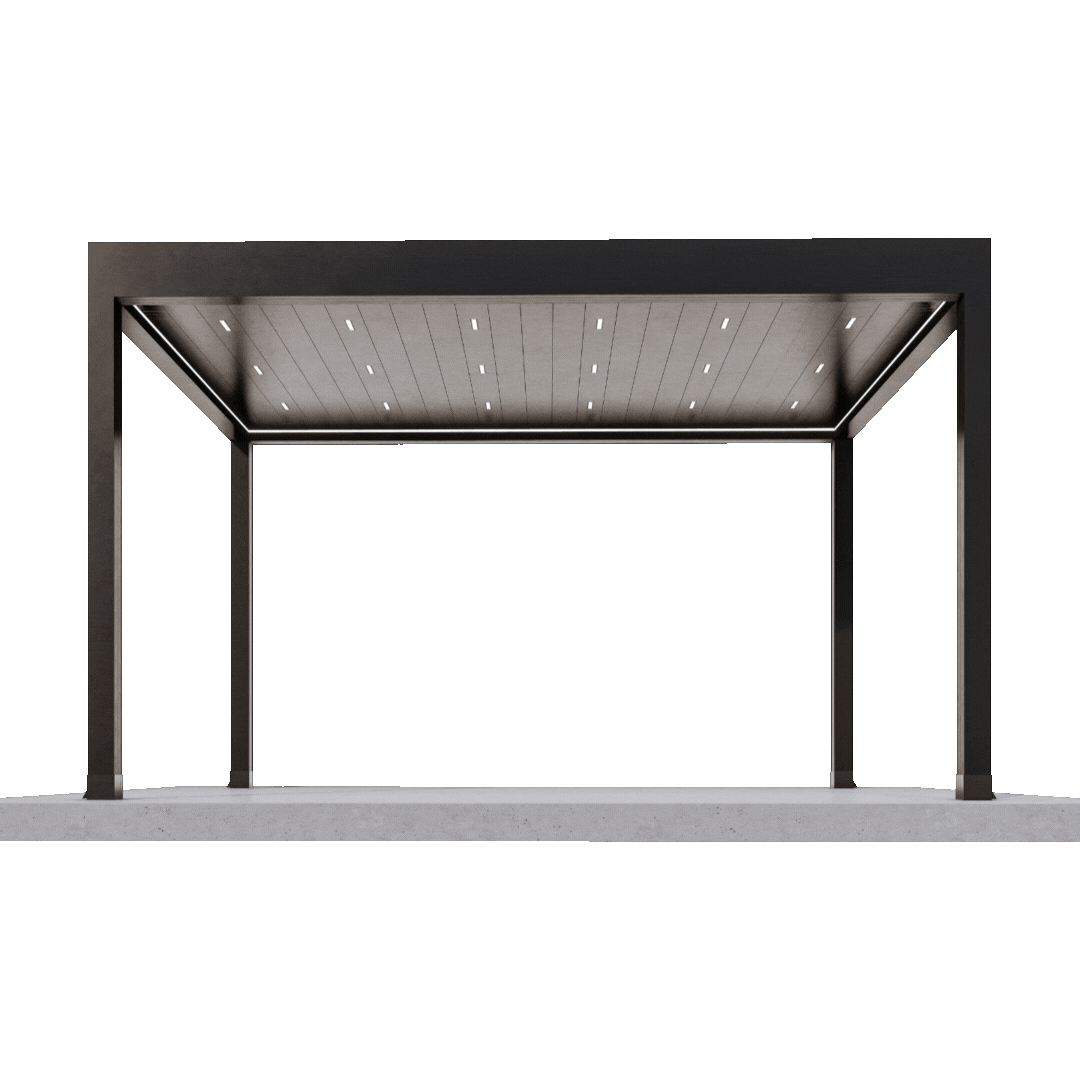 Louvera motorized pergola with closed louver ceiling and recessed LED lights, ideal for luxury Los Angeles patios.