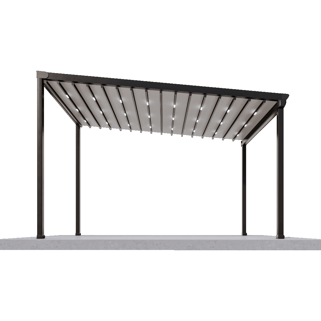 Pergomatic freestanding aluminum pergola with sloped retractable PVC roof panels and integrated LED strip lighting.