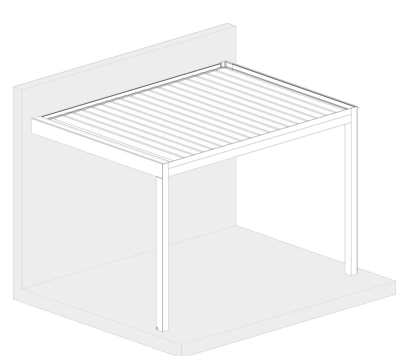 Wall-mounted Louvera Skye pergola sketch retractable aluminum blades, two front posts, ideal for patio shade.