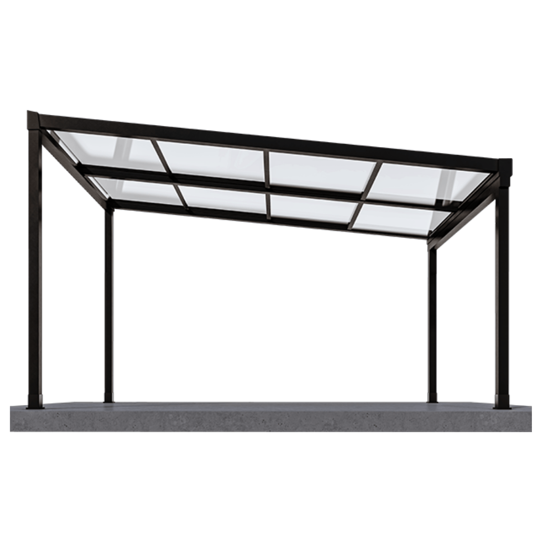 Minimalist black aluminum frame with sloped glass roof panels, Pergomatic Glassroom system for airy weather-proof patios.